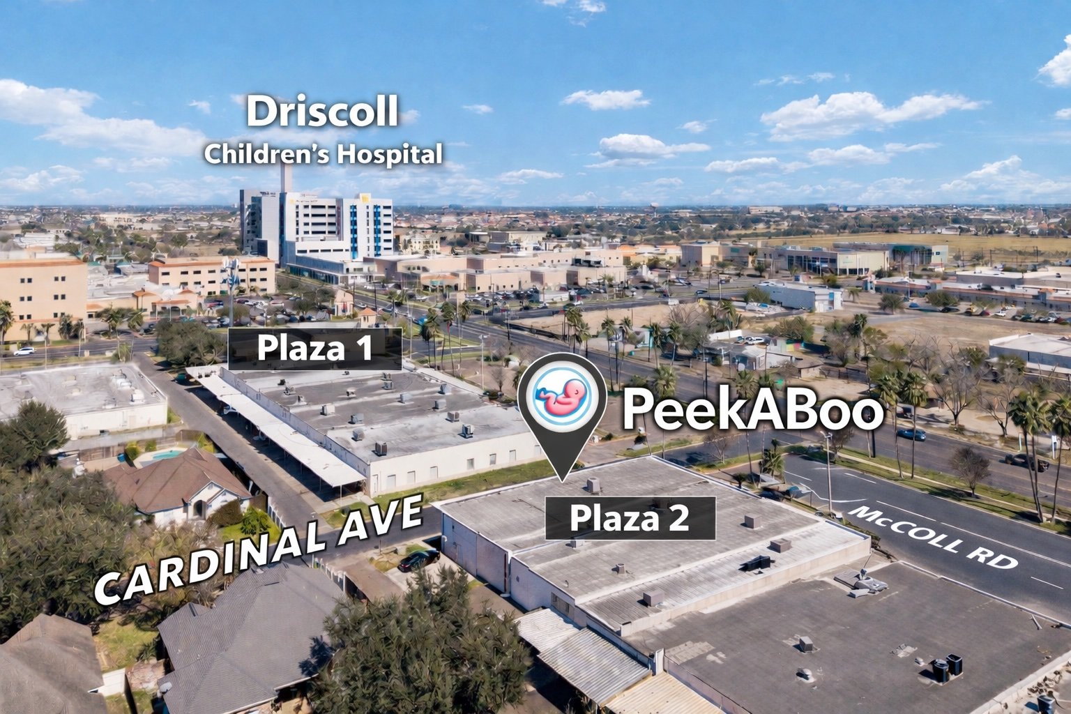 Aerial view of Peek-A-Boo Baby RGV at Plaza 2, near Driscoll Children's Hospital