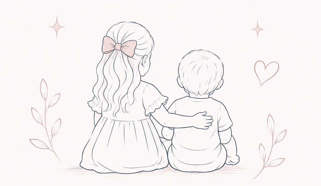 Soft line illustration of an older sister with a pink bow placing her arm around her younger brother