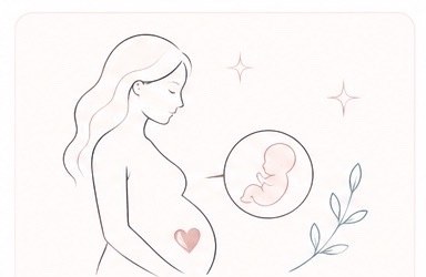 First trimester illustration with pregnant silhouette and embryo