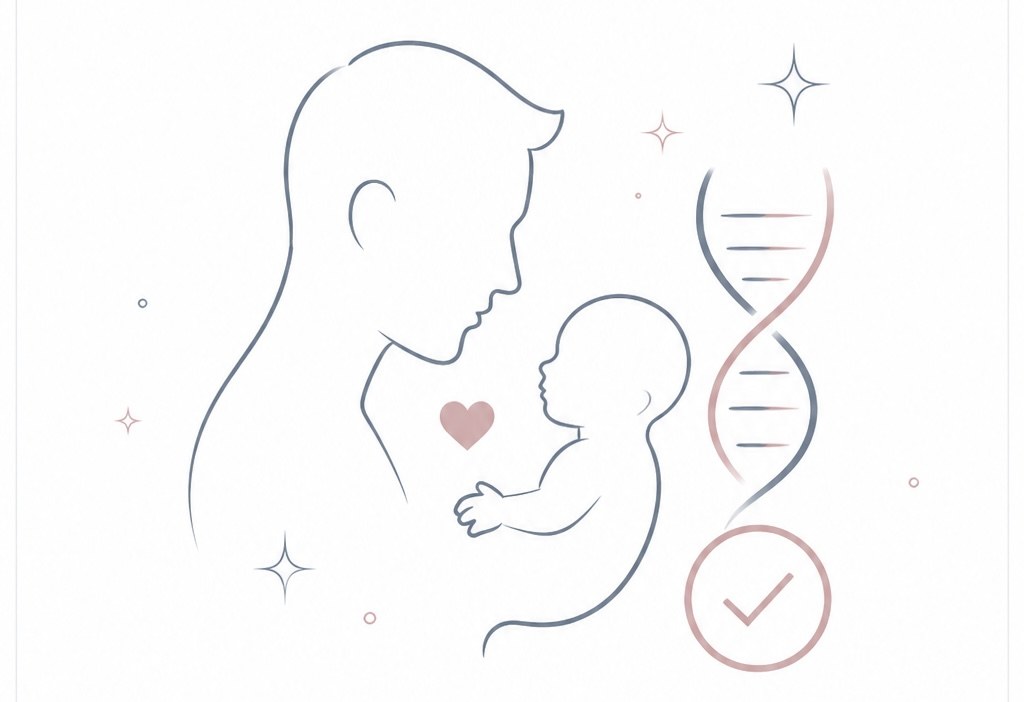 Paternity testing illustration with father, baby, and DNA helix