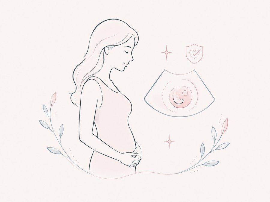Illustration of an expecting mother beside an early ultrasound image