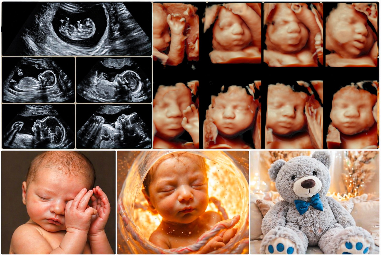 Pregnancy journey collage — ultrasounds, 5D portraits, newborn, and keepsake bear